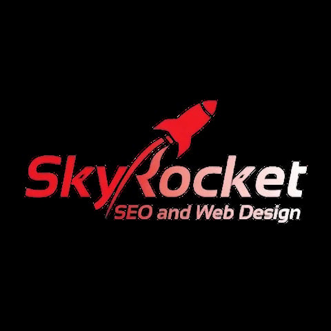 SkyRocket SEO and Web Design logo featuring a red rocket icon and company name on black background